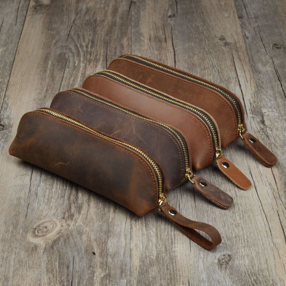 Vintage Leather Pencil Bag Zipper Pencil Pouch