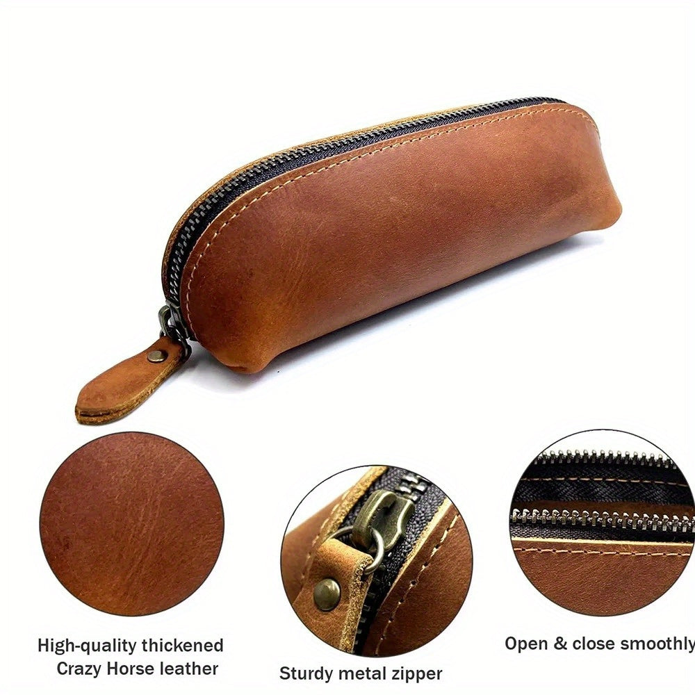 Vintage Leather Pencil Bag Zipper Pencil Pouch