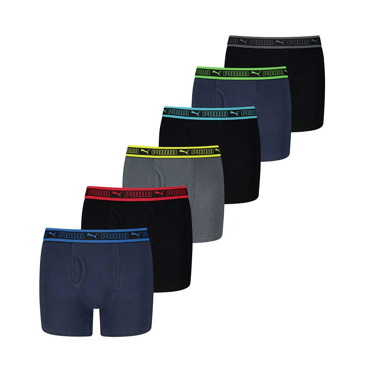 PUMA Boys Boxer Briefs 6 Pack Cotton Stretch Navy Grey Black Large