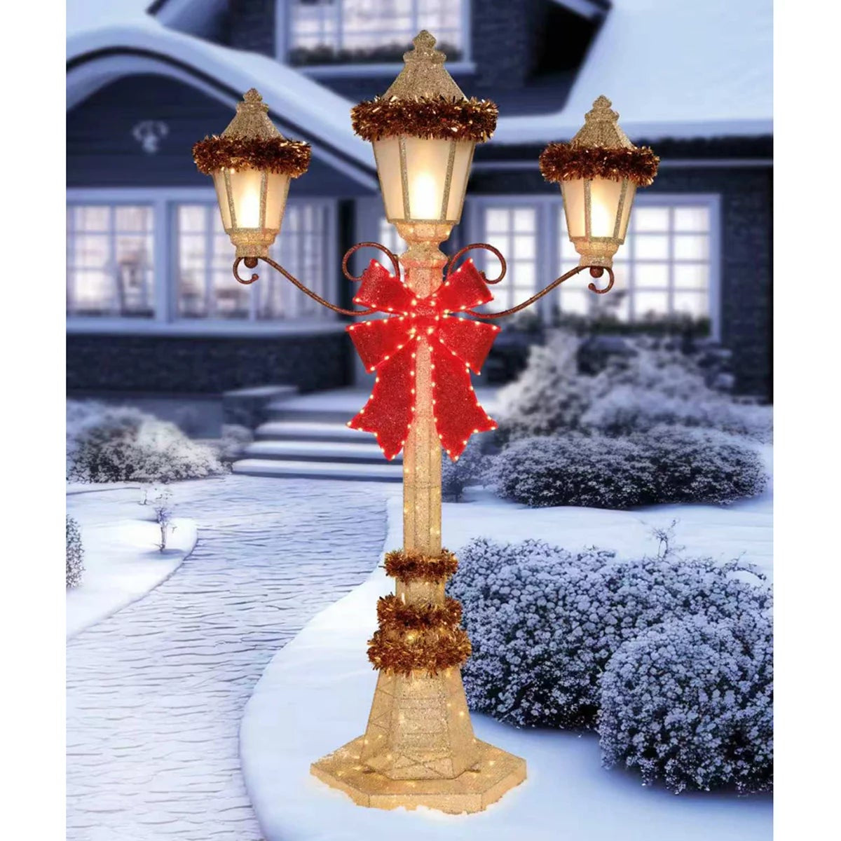 LED Christmas Street Lamp Post 2.1m Gold Triple Lantern Holiday Decoration