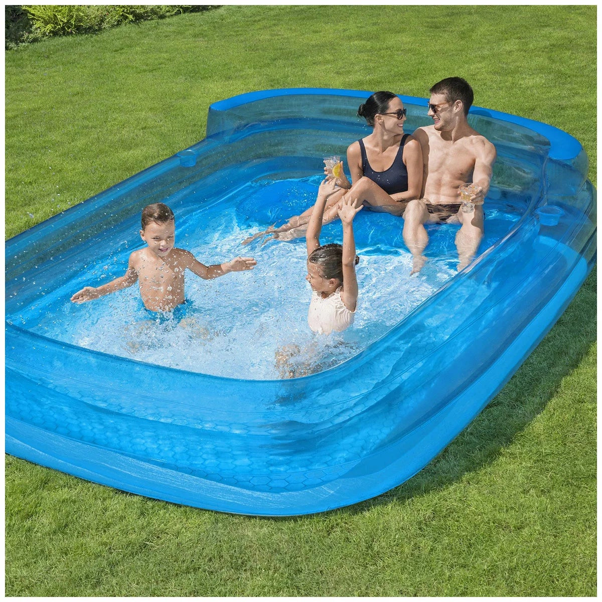 H2OGO Inflatable Family Pool 3m x 2.1m Bench Seat Cup Holders & 1280L Capacity