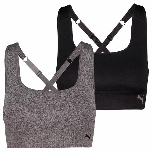PUMA Women's Seamless Sports Bra 2 Pack Black Grey Large Adjustable