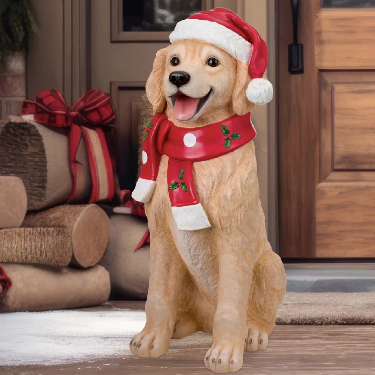 Christmas Golden Retriever Dog Greeter Resin Holiday Statue Indoor Decor