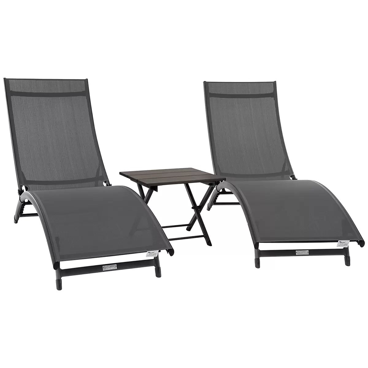 Vivere Coral Springs Chaise Lounge Set 2 Chairs+ Side Table Dark Grey 5 Position