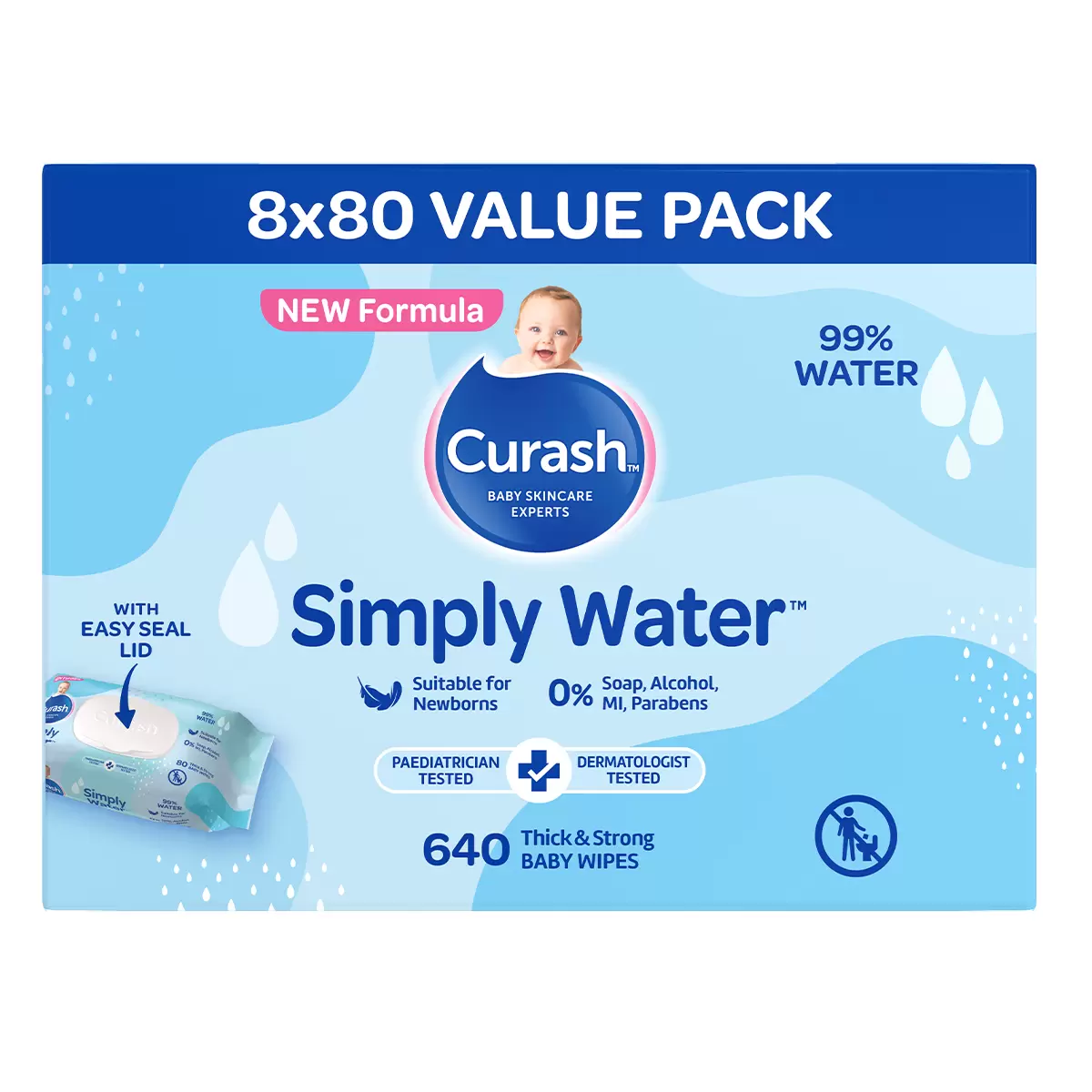Curash Simply Water Baby Wipes 8 x 80 Sensitive Newborn Wipes 640 Pack