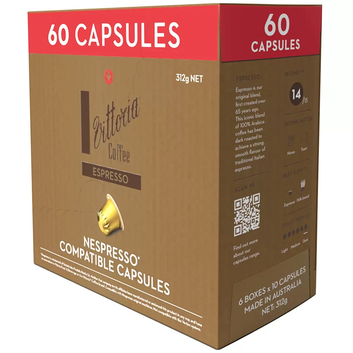 Vittoria Espresso Coffee Capsules 60 Pack Nespresso Compatible Intensity 14