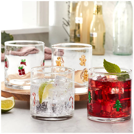 Pandex Christmas Drinking Glasse Tumblers 4 Piece Set 414ml Each Holiday Icons