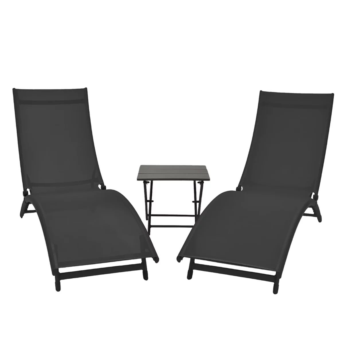 Vivere Coral Springs Chaise Lounge Set 2 Chairs+ Side Table Black 5 Position