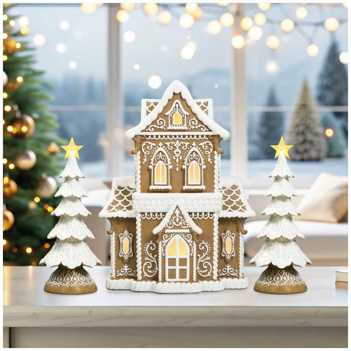 Christmas Gingerbread House Set 38cm LED Lights Resin Holiday Decor 6H Timer