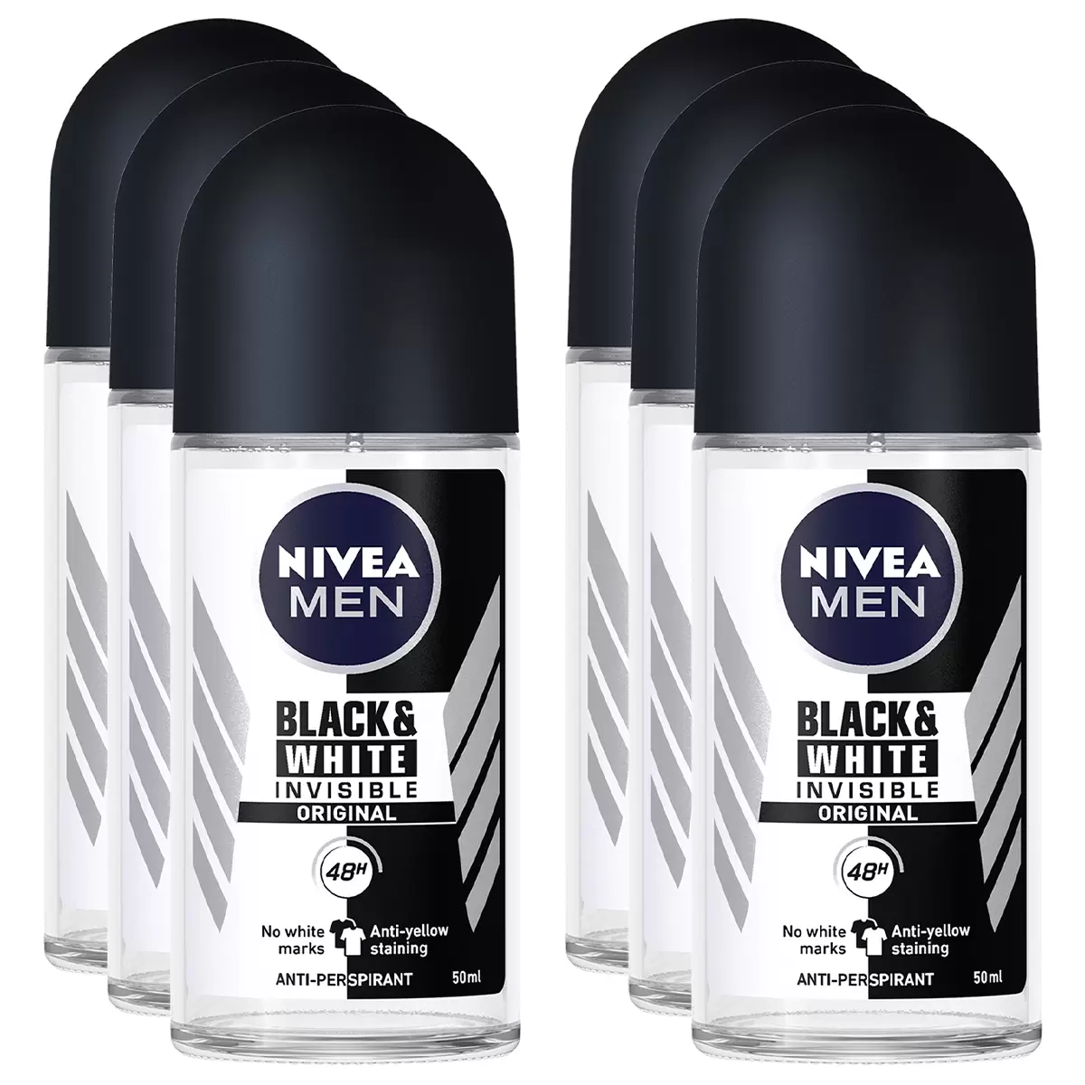 NIVEA Men Anti Perspirant Roll On Deodorant 12 x 50ml Black & White Invisible