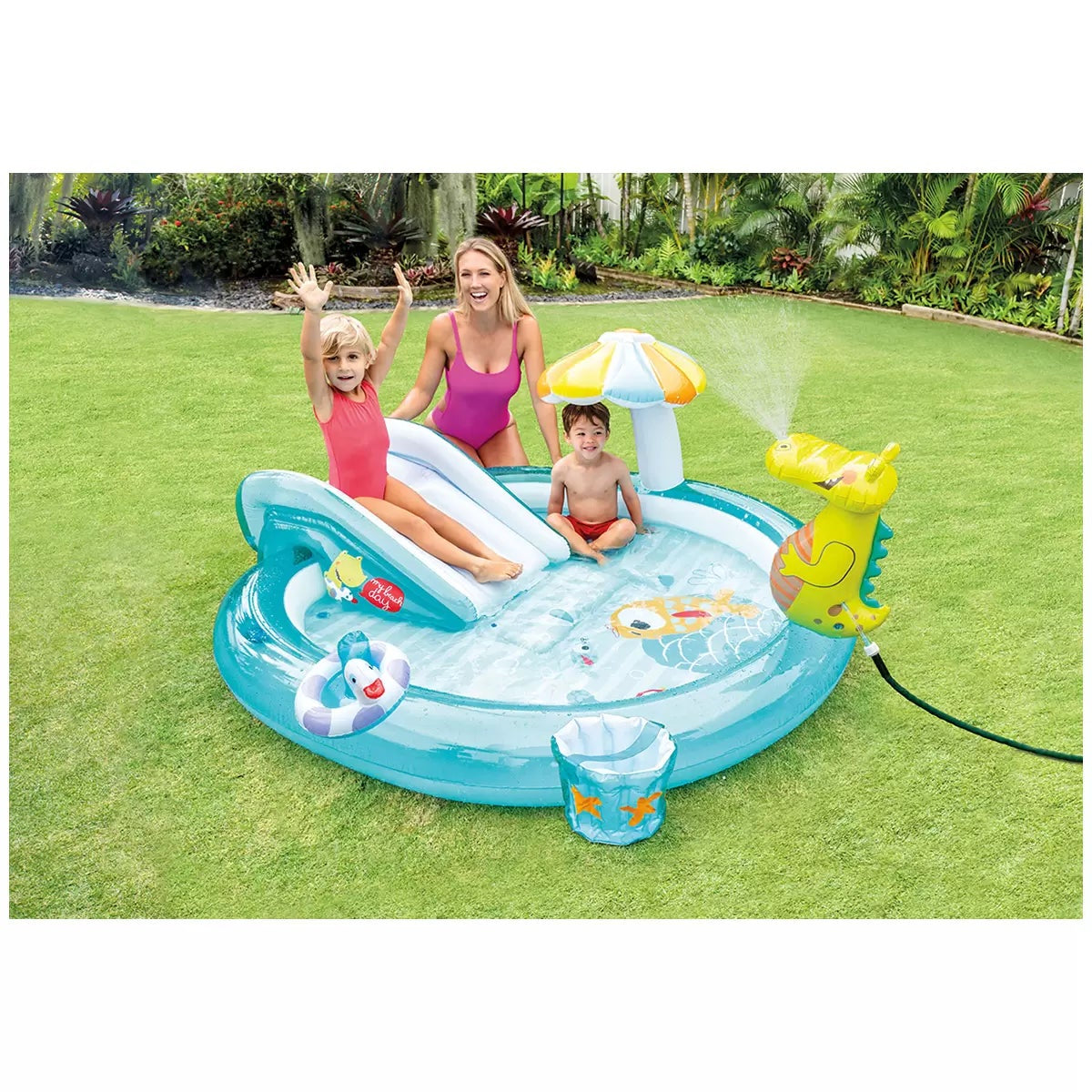 INTEX Gator Inflatable Play Centre Kids Pool Water Slide& Sprayer Mushroom Shade