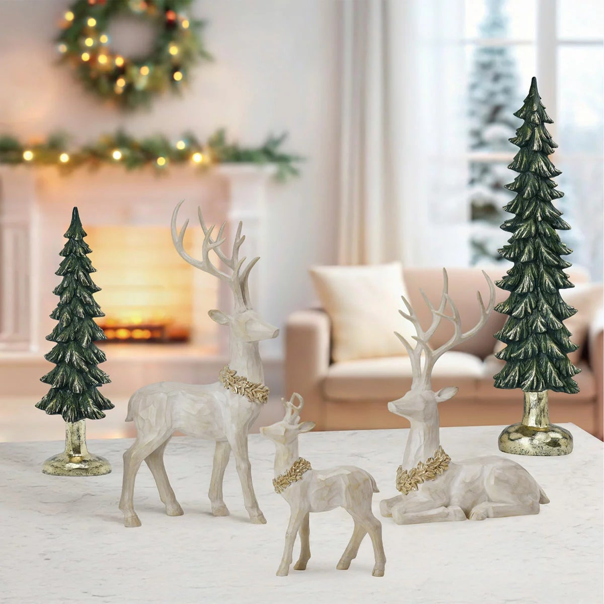Christmas Deer & Trees 5 Piece Holiday Decorations Statue Set Resin Indoor Decor