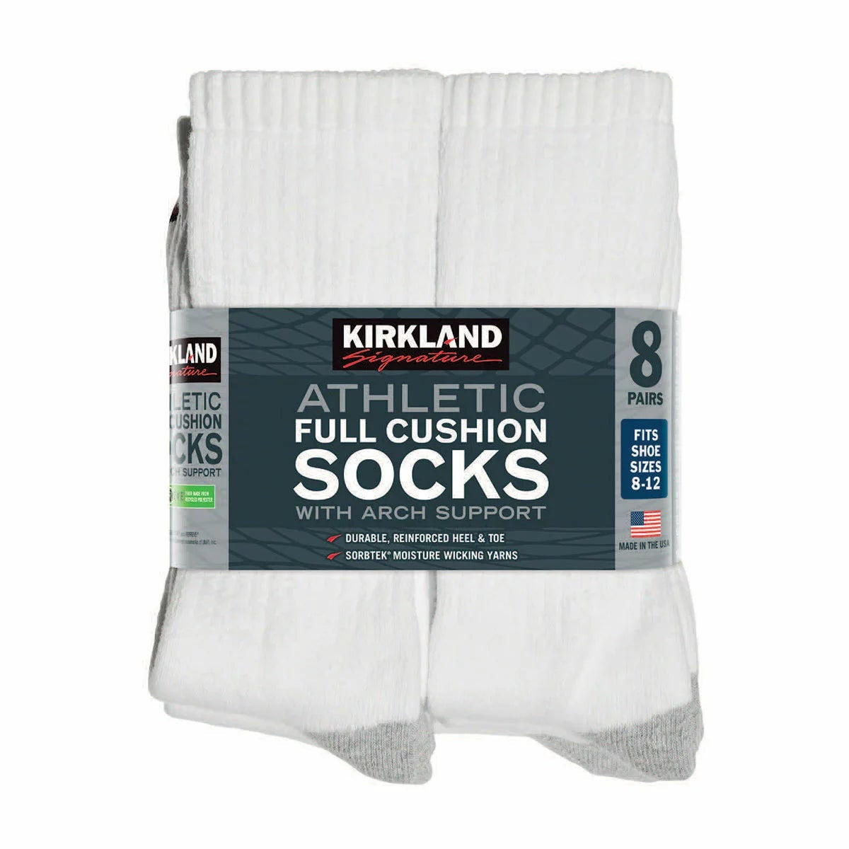 Kirkland Signature Men's White Athletic Socks 8 Pairs US Size 8-12