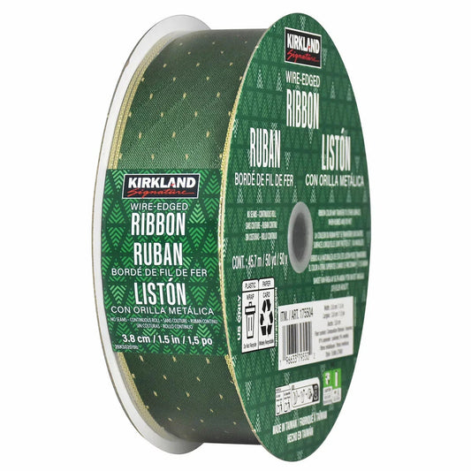 Green Gold Diamond Christmas Ribbon 4.57M Wire Edged Holiday Decor