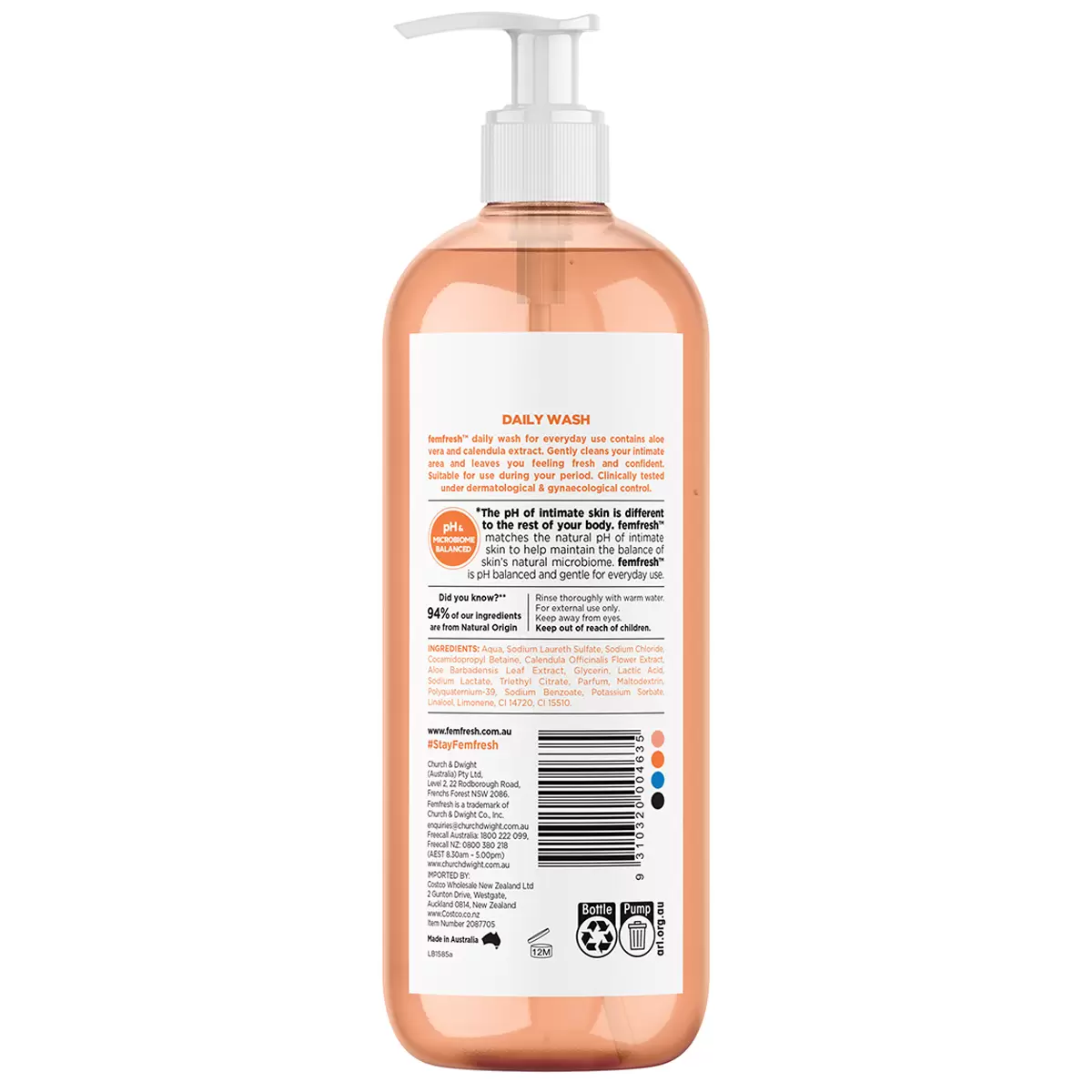 Femfresh Intimate Wash 1L pH Balanced Soap Free Aloe Vera Daily Feminine Hygiene