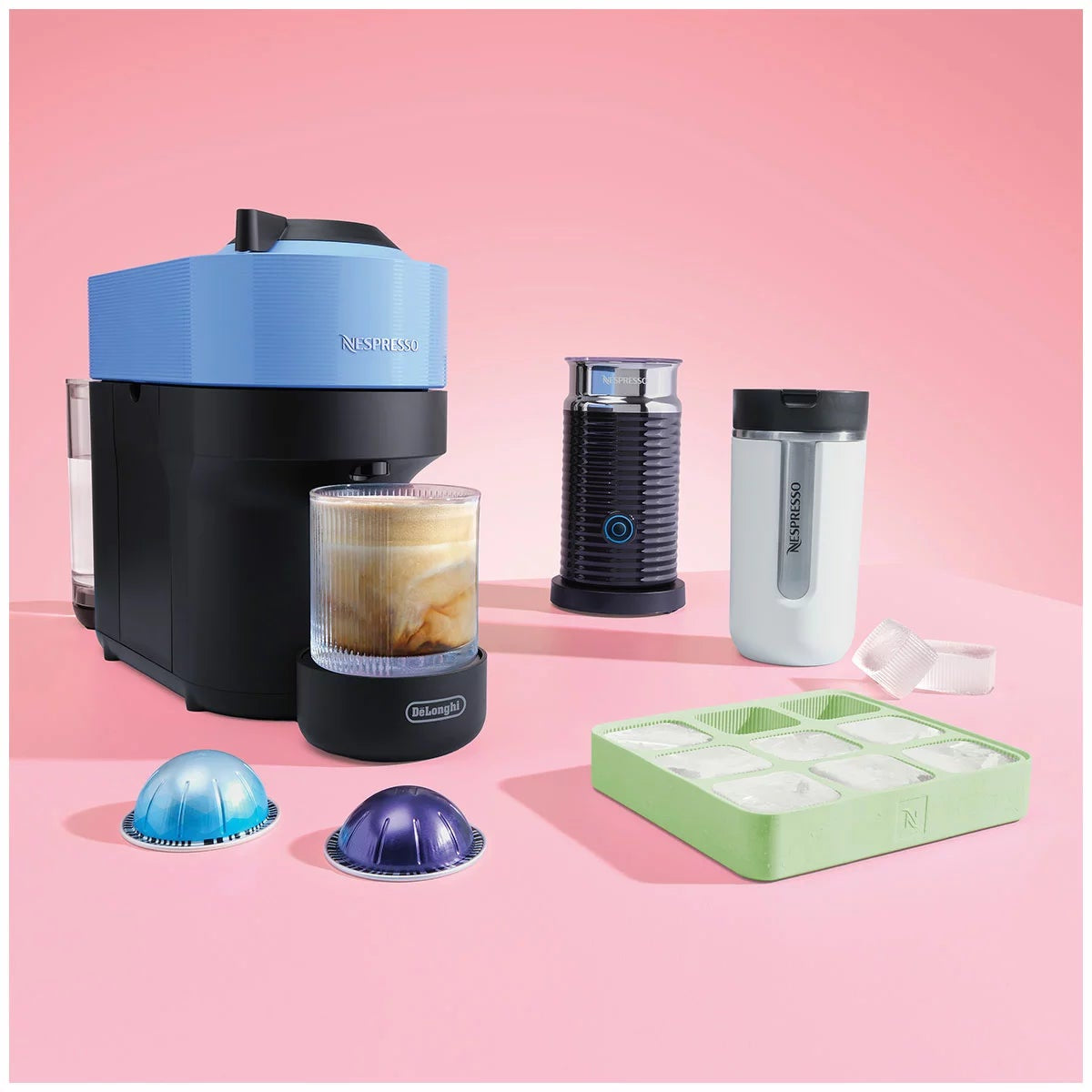 DeLonghi Vertuo Pop Nespresso Coffee Machine Blue Milk Frother Travel Mug