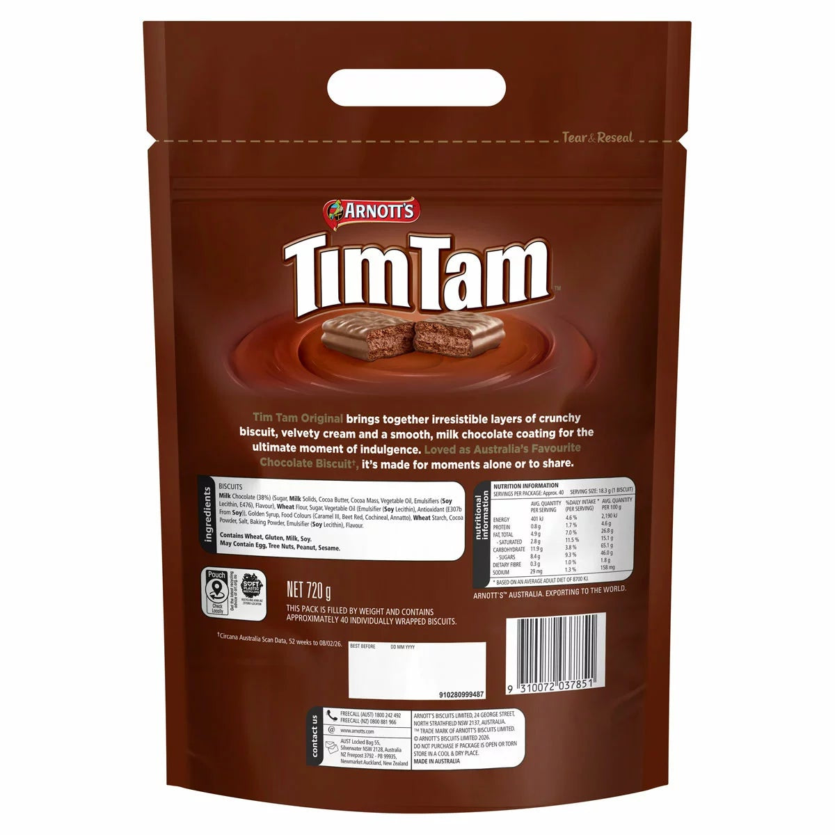 Arnott's Tim Tam Original Chocolate Biscuits 720g x 2 Packs 1.44kg