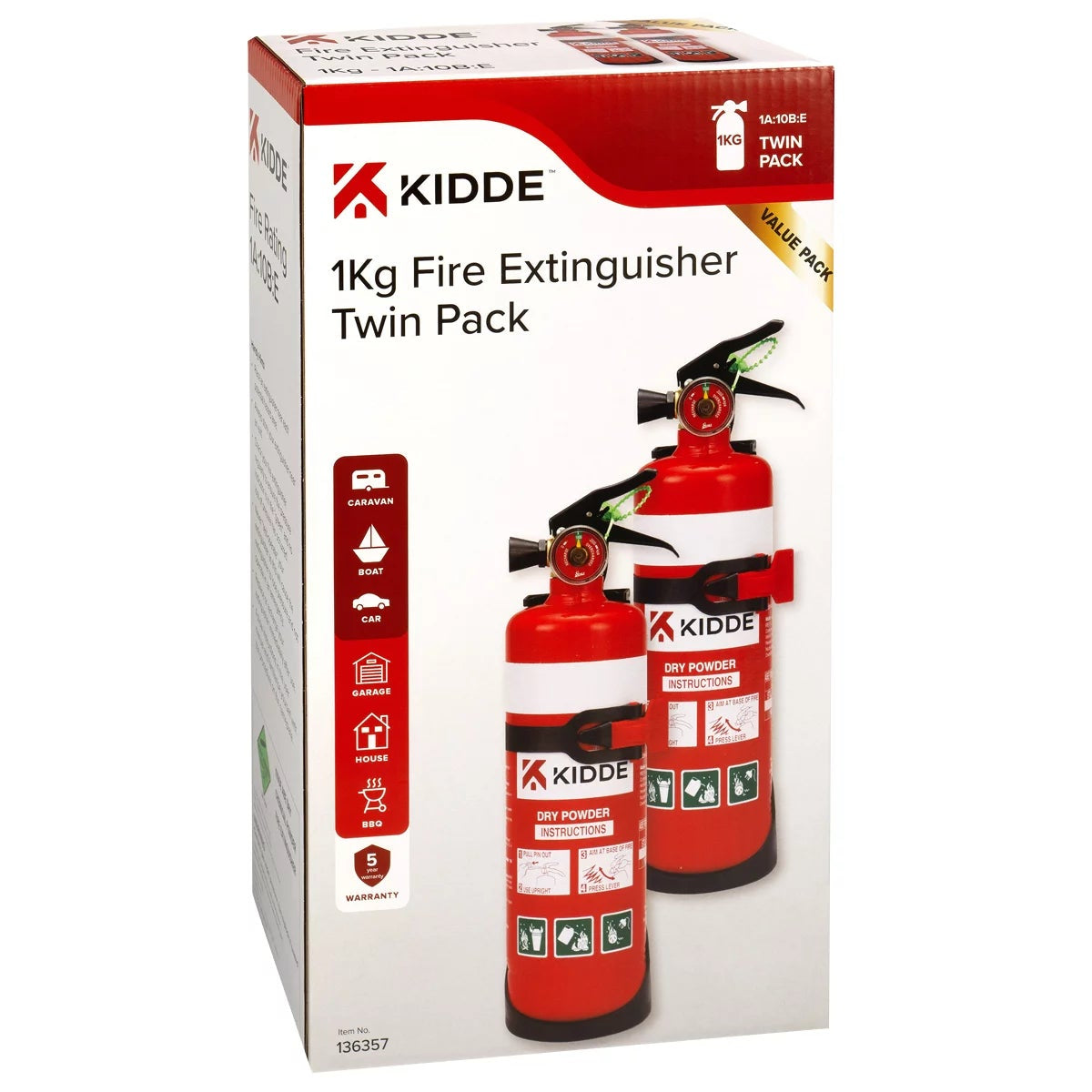 Kidde Fire Extinguisher 1kg Twin Pack 1A:10B Fire Safety Emergency Protection