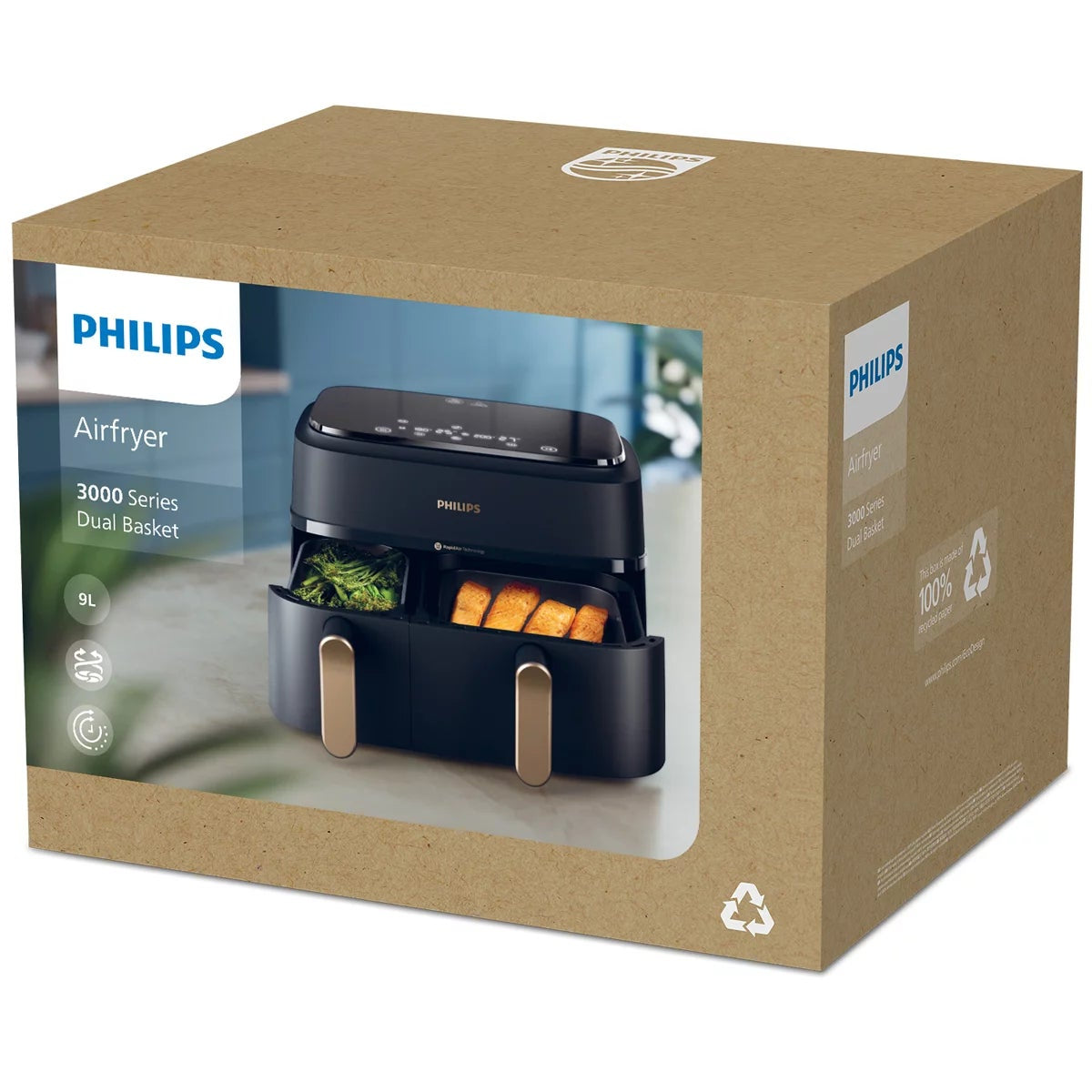 Philips 9L Dual Basket Air Fryer XXL NA352/00 Rapid Air Plus 8 Presets Black