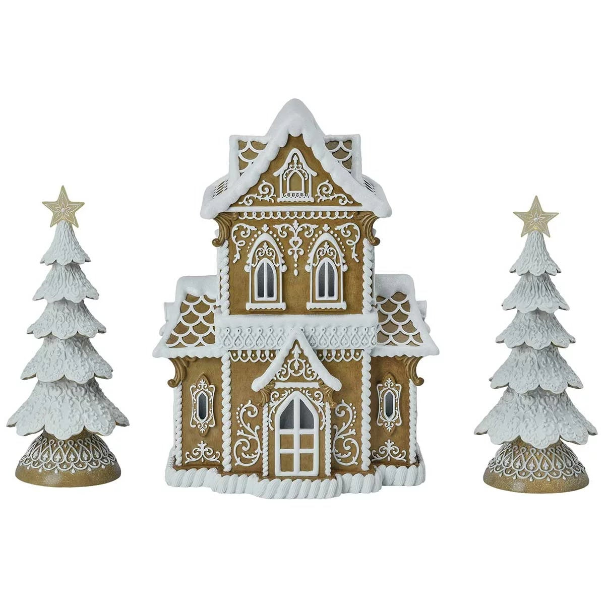 Christmas Gingerbread House Set 38cm LED Lights Resin Holiday Decor 6H Timer