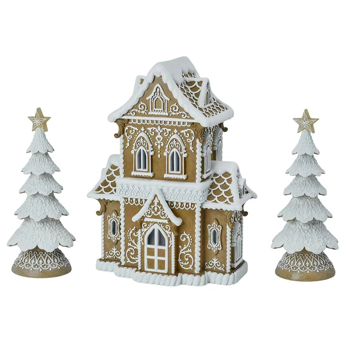 Christmas Gingerbread House Set 38cm LED Lights Resin Holiday Decor 6H Timer