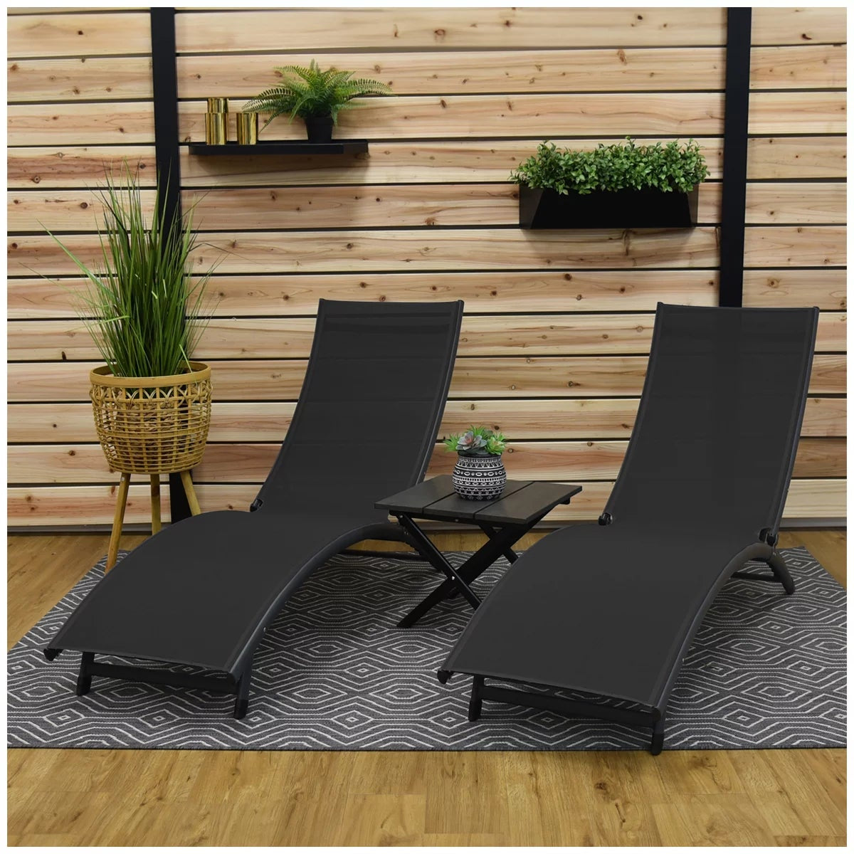 Vivere Coral Springs Chaise Lounge Set 2 Chairs+ Side Table Black 5 Position