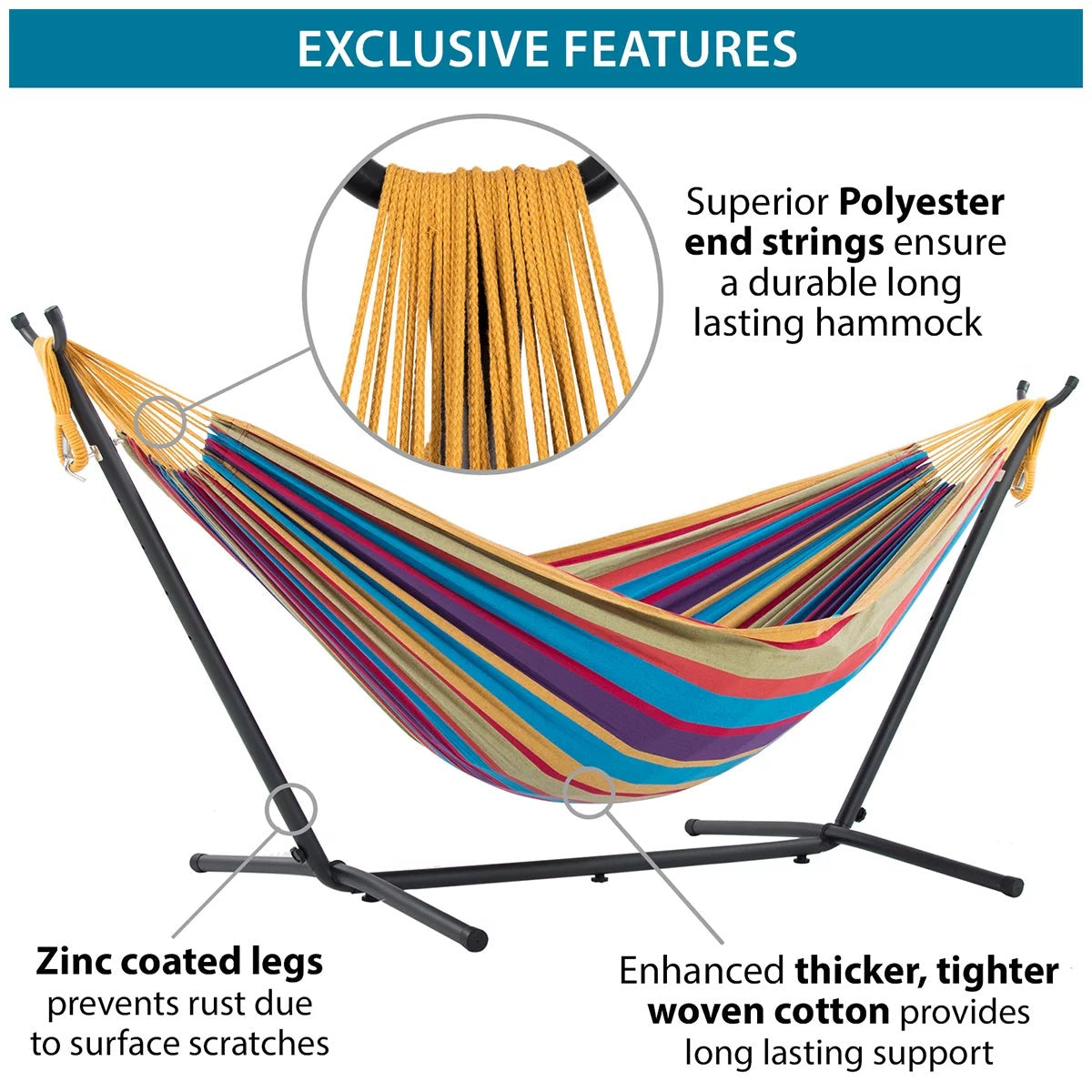 Vivere Cotton Double Hammock with Steel Stand Desert Moon 204kg