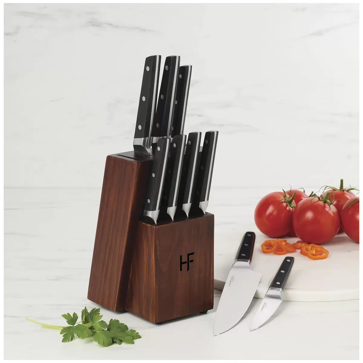 Hampton Forge Aero 10pc Knife Block Set Black Chef Bread Santoku Steak Knives