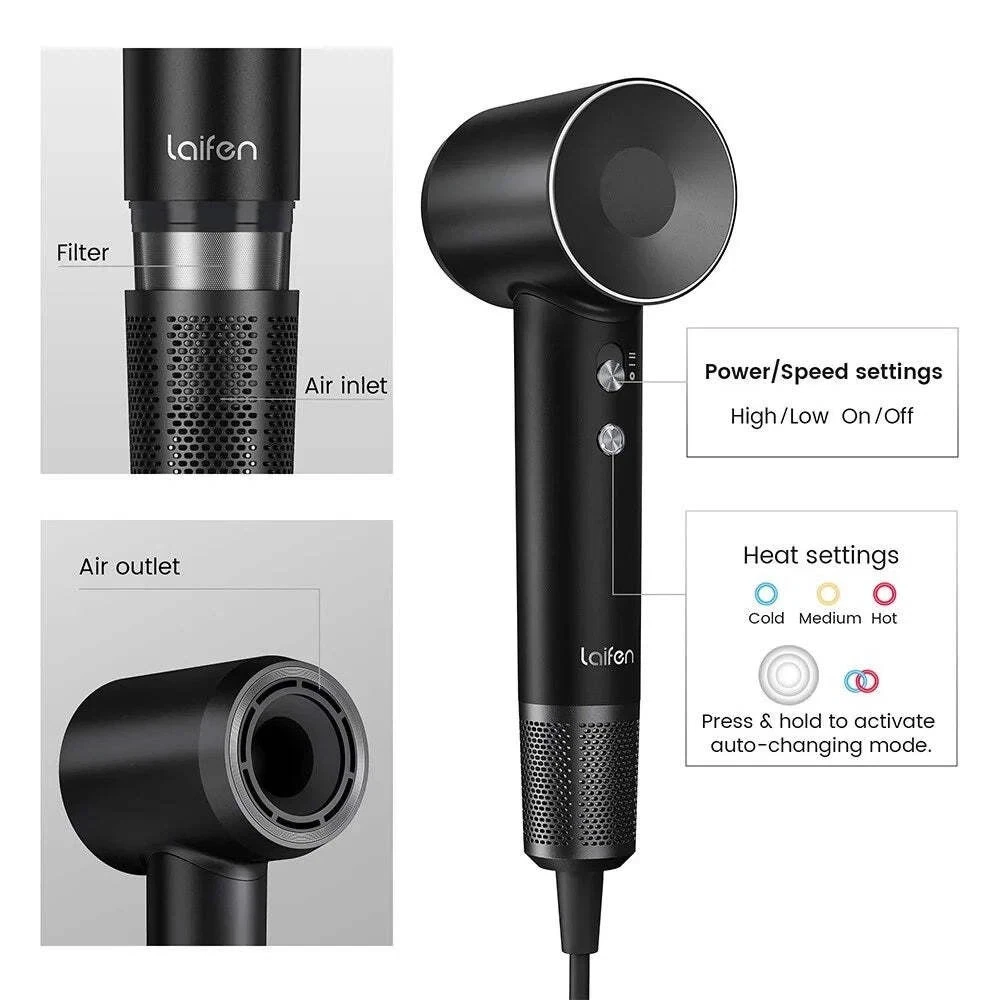 Laifen Swift Special Hair Dryer Black 200M Negative Ions Low Noise Fast Drying