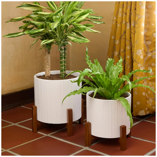 Ceramic Planters On Stand Set Of 2 White Round Indoor Planter & Bamboo Stand