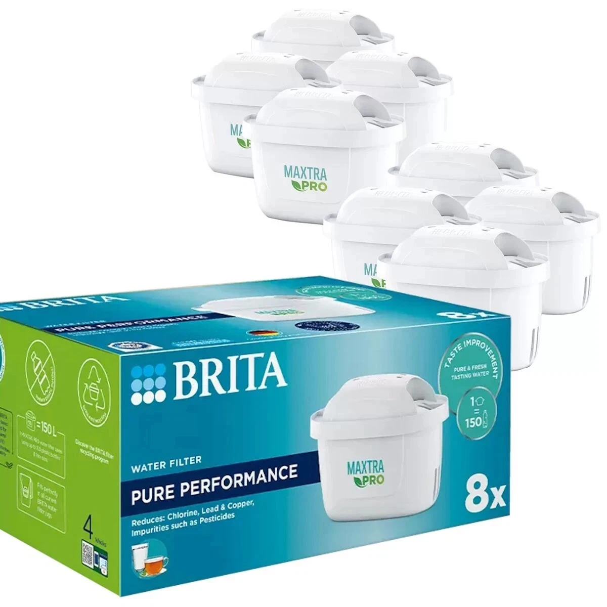 BRITA MAXTRA PRO Water Filter Cartridges 8 Pack 4 Week Water Filtration 150L