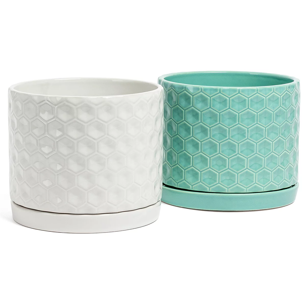Pack of 2over&back Honeycomb Ceramic Planters W/ Glossy Textured Pots + Saucers