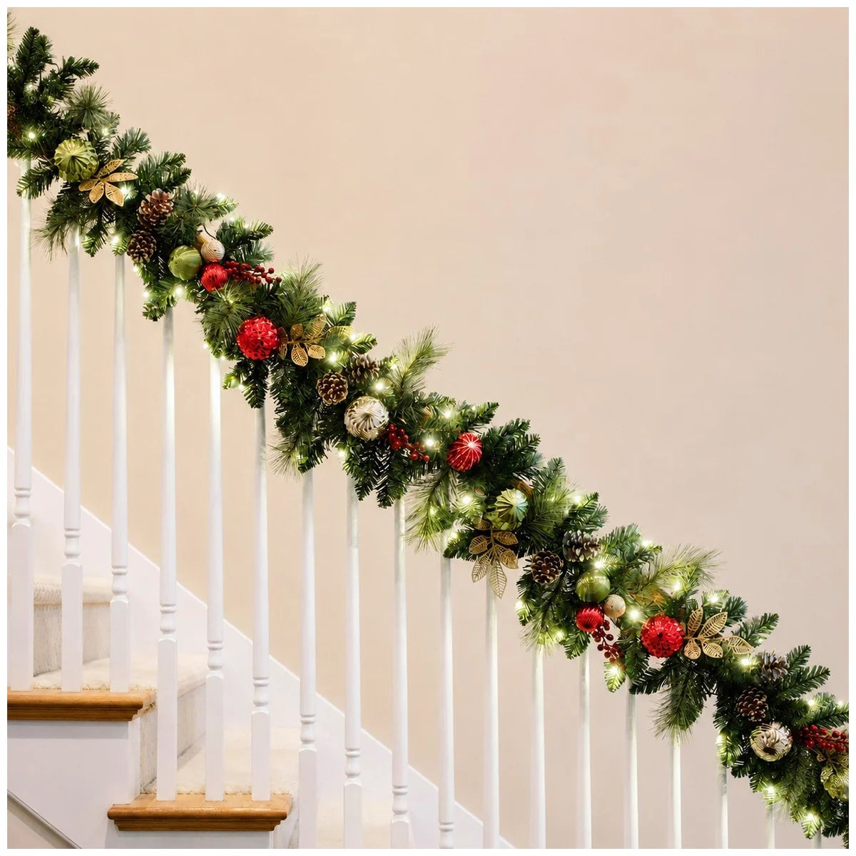 2.7M Pre-Lit Red Christmas Garland 90 LED Decorated Holiday Greenery