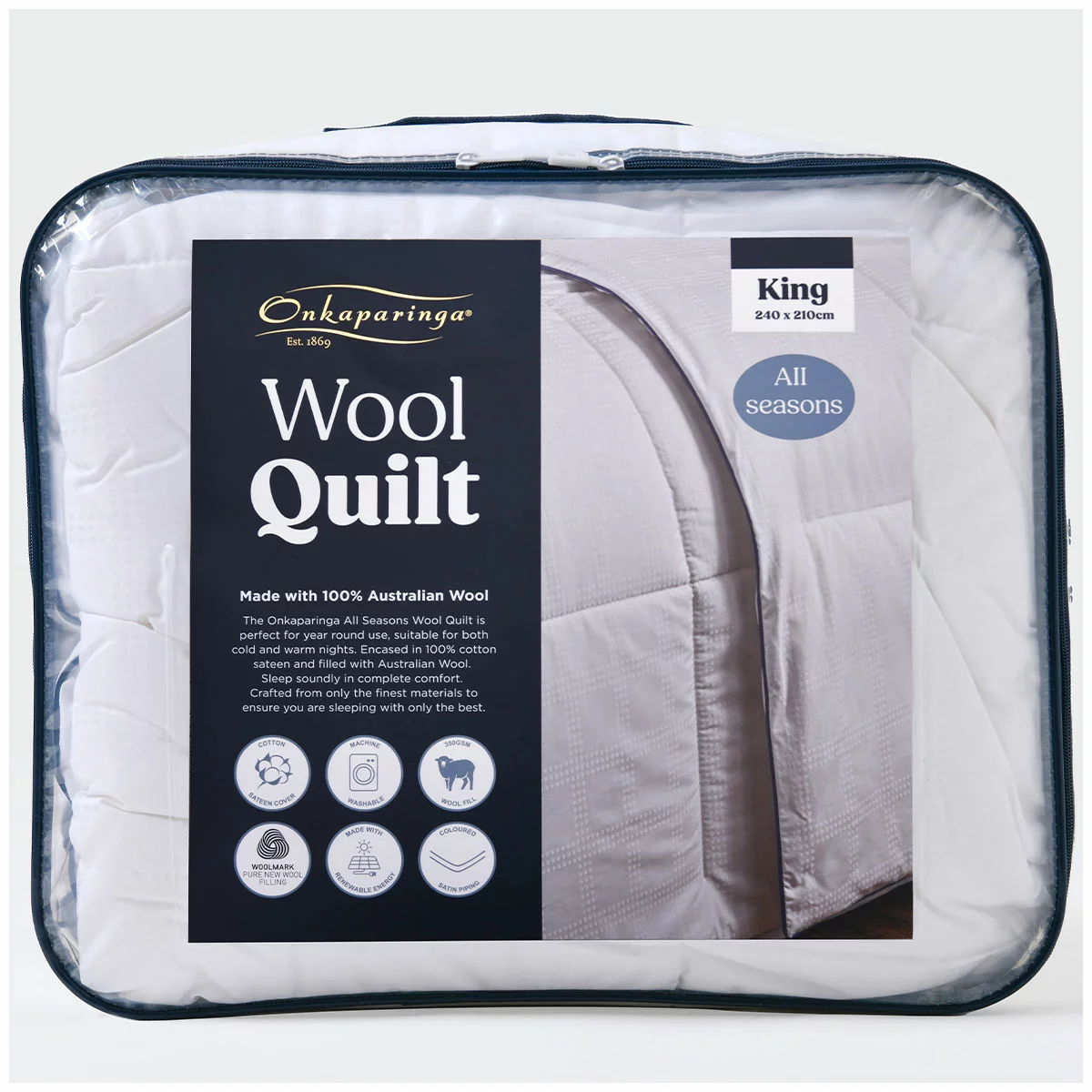 Onkaparinga All Seasons Wool Quilt King 240x210cm Australian Wool Cotton Cover