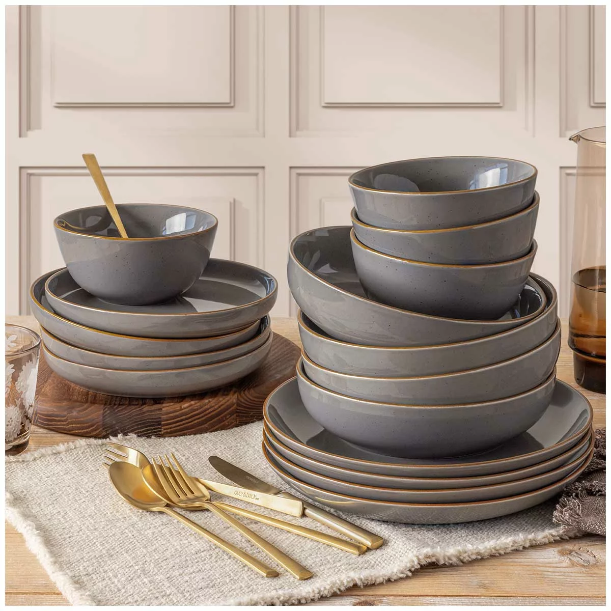 over&back Options 16 Piece Stoneware Dinner Set Dark Grey Microwave Safe