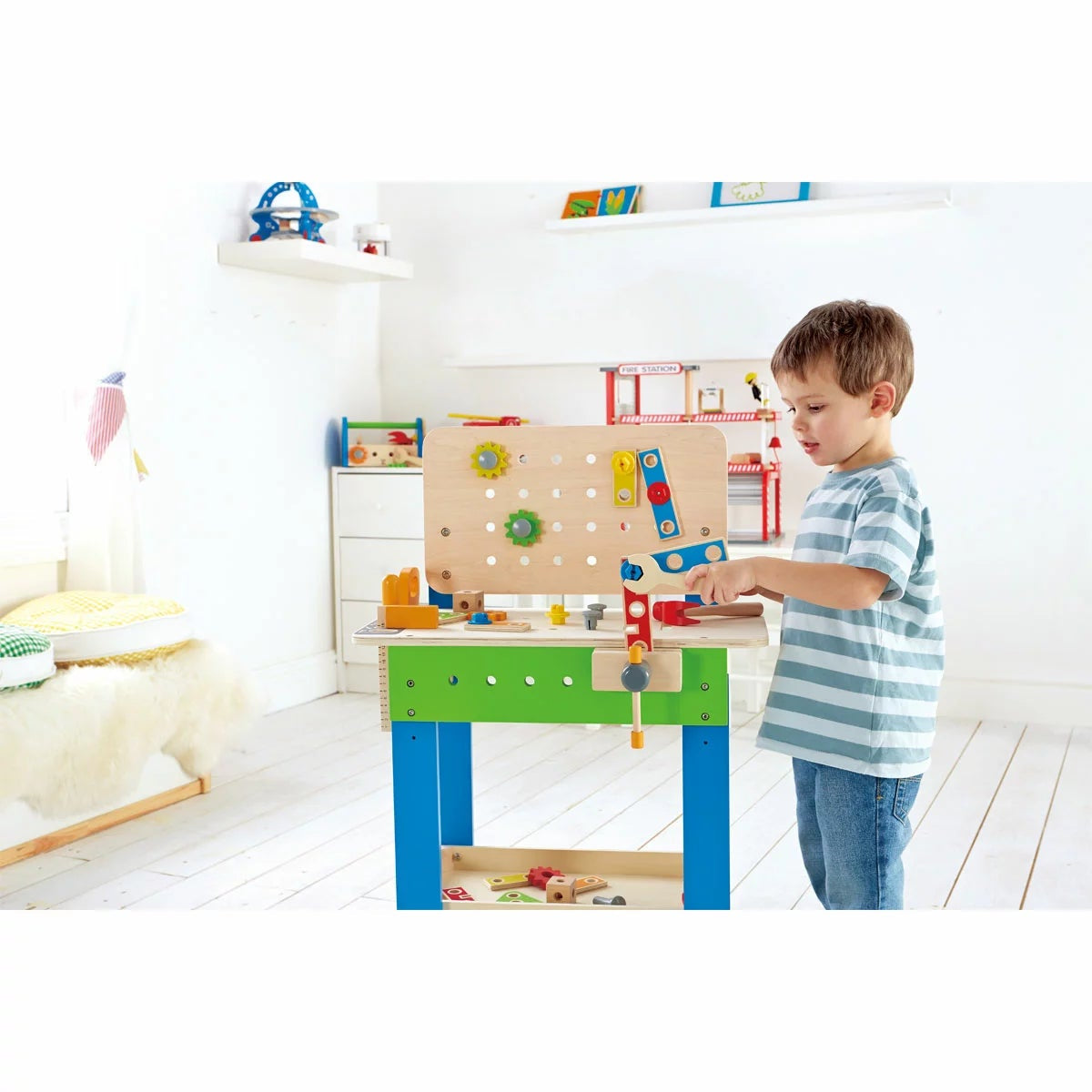 Hape Wooden Kids Workbench 35pc Tool Set Hammer Saw Screwdriver 3+ Years