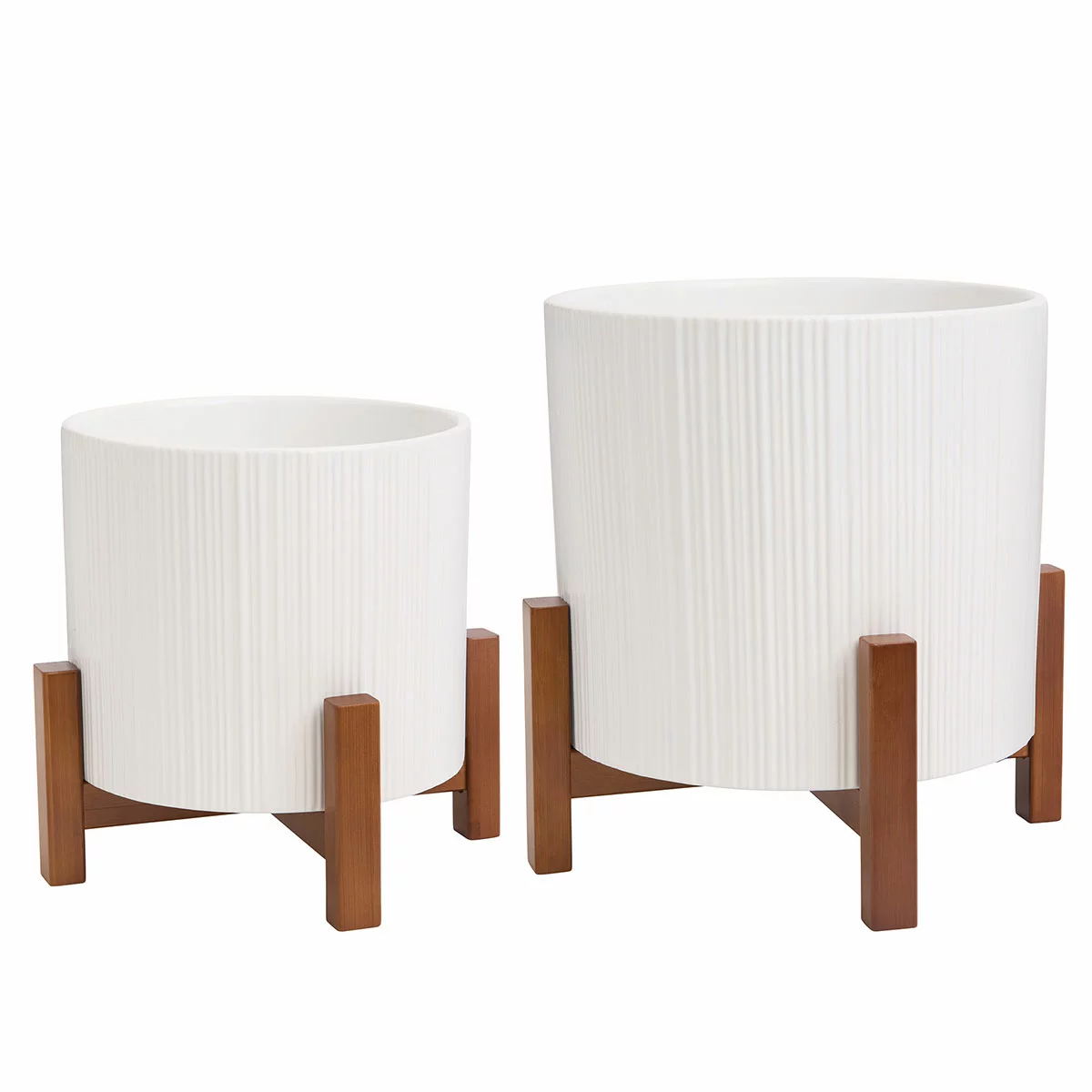 Ceramic Planters On Stand Set Of 2 White Round Indoor Planter & Bamboo Stand