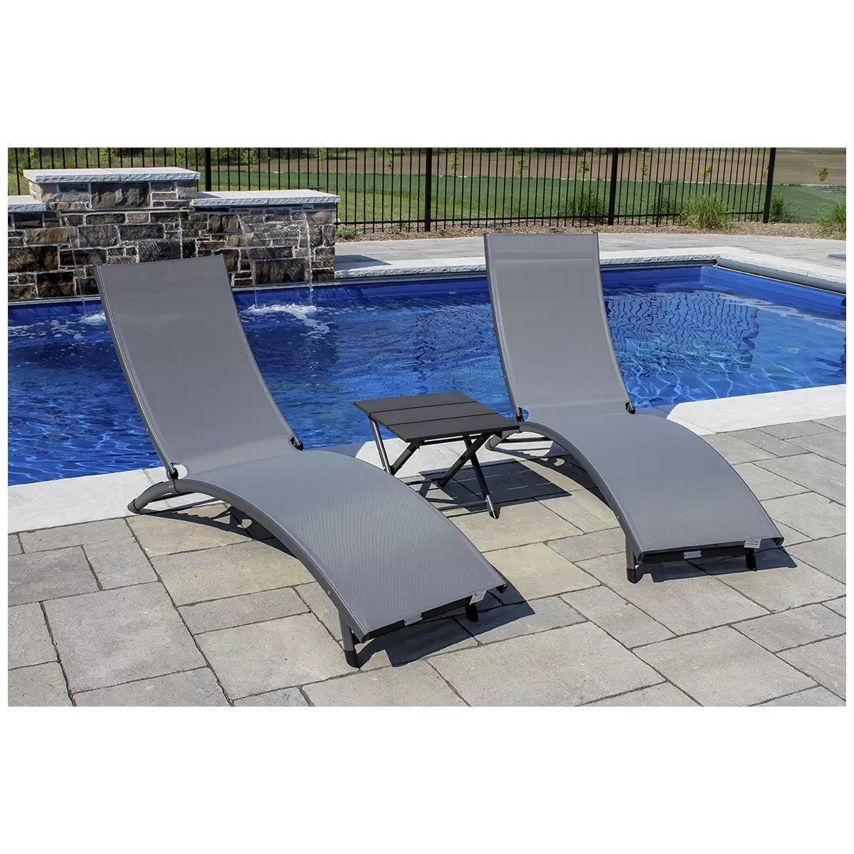 Vivere Coral Springs Chaise Lounge Set 2 Chairs+ Side Table Dark Grey 5 Position