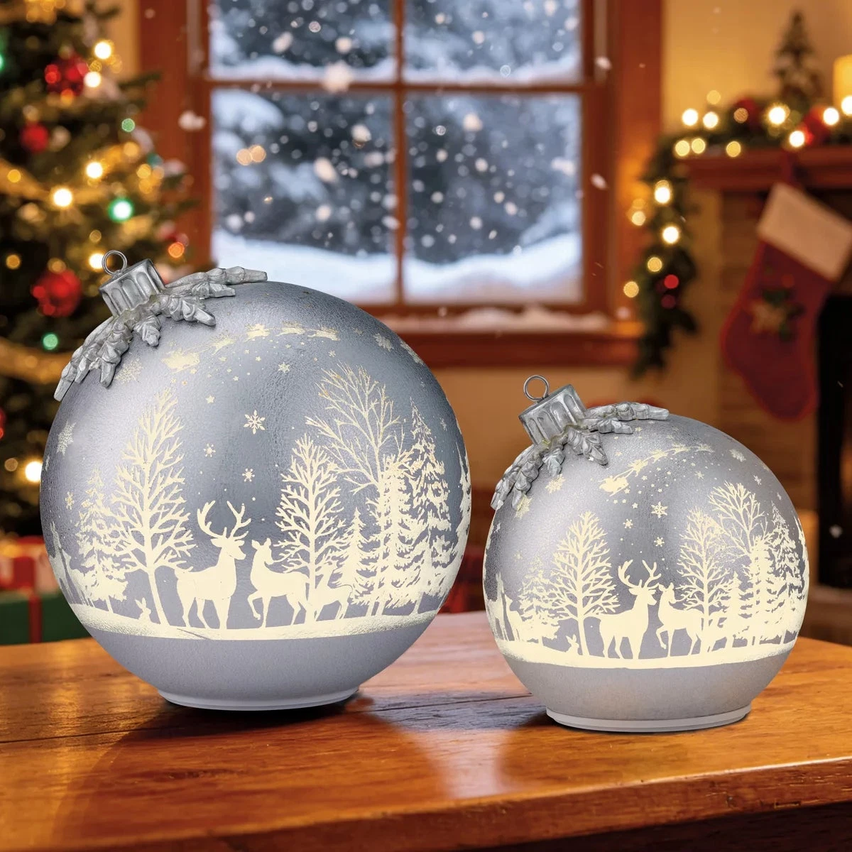 Seasonal Rotating Glass Balls 2pc Silver LED Christmas Holiday Home Decor