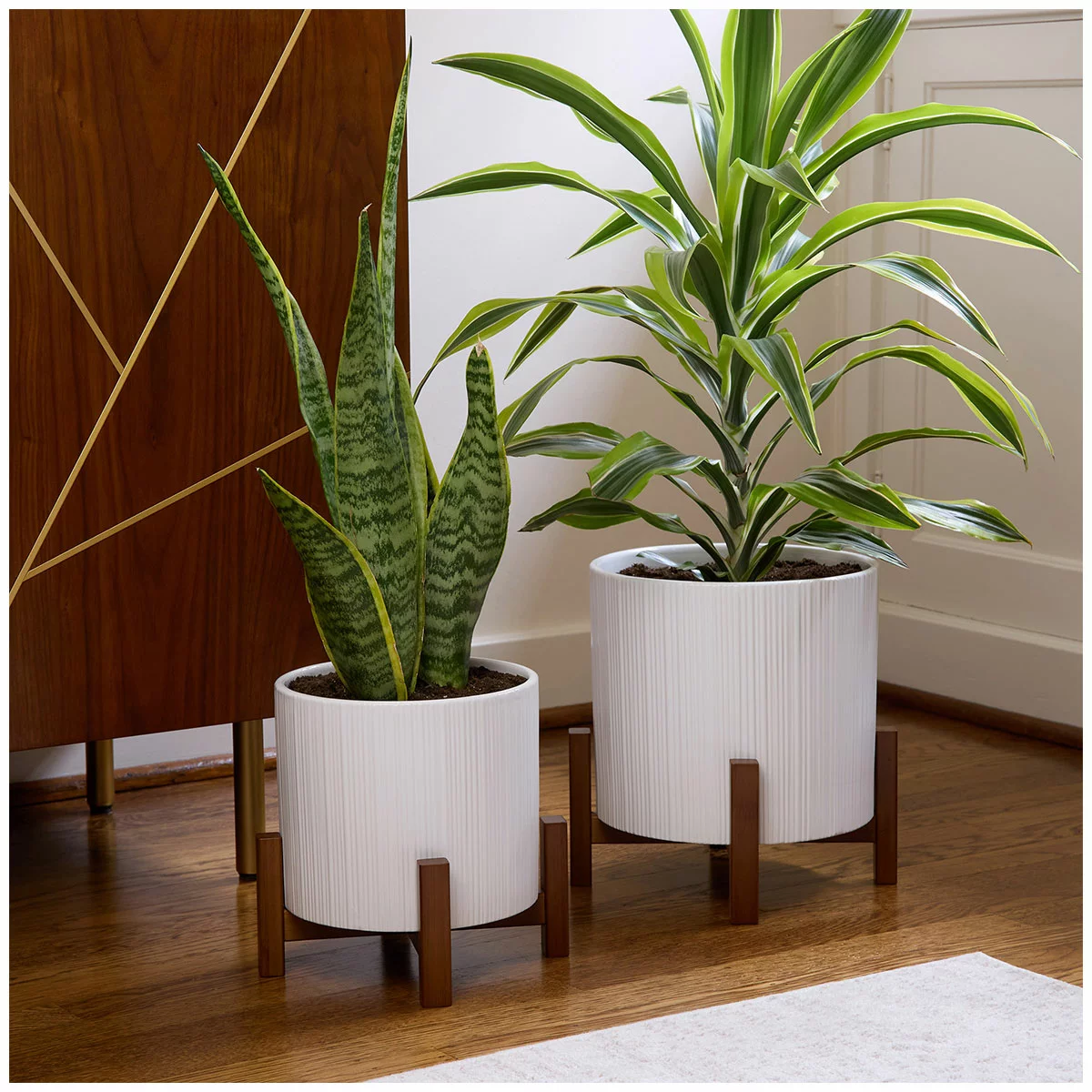 Ceramic Planters On Stand Set Of 2 White Round Indoor Planter & Bamboo Stand