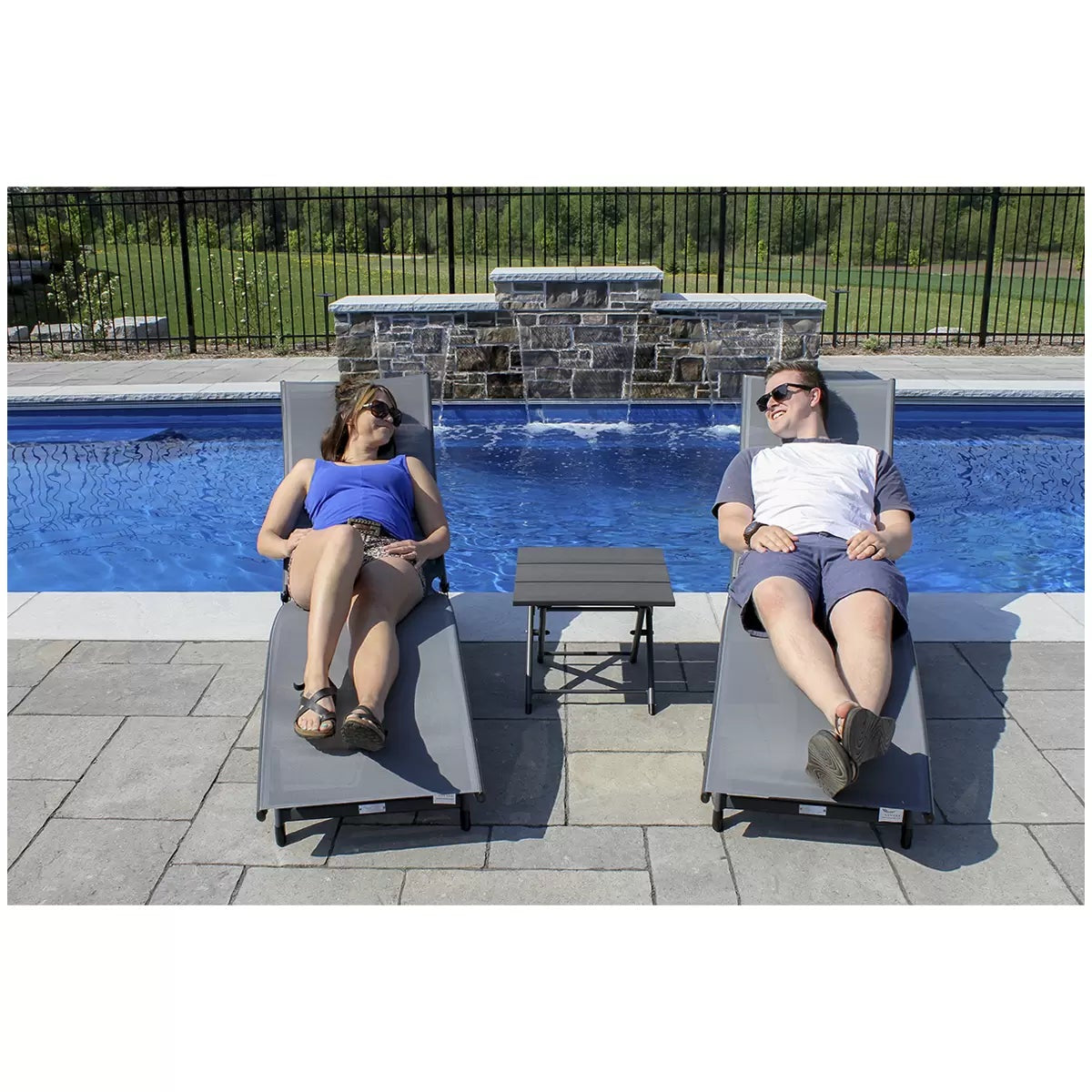 Vivere Coral Springs Chaise Lounge Set 2 Chairs+ Side Table Dark Grey 5 Position