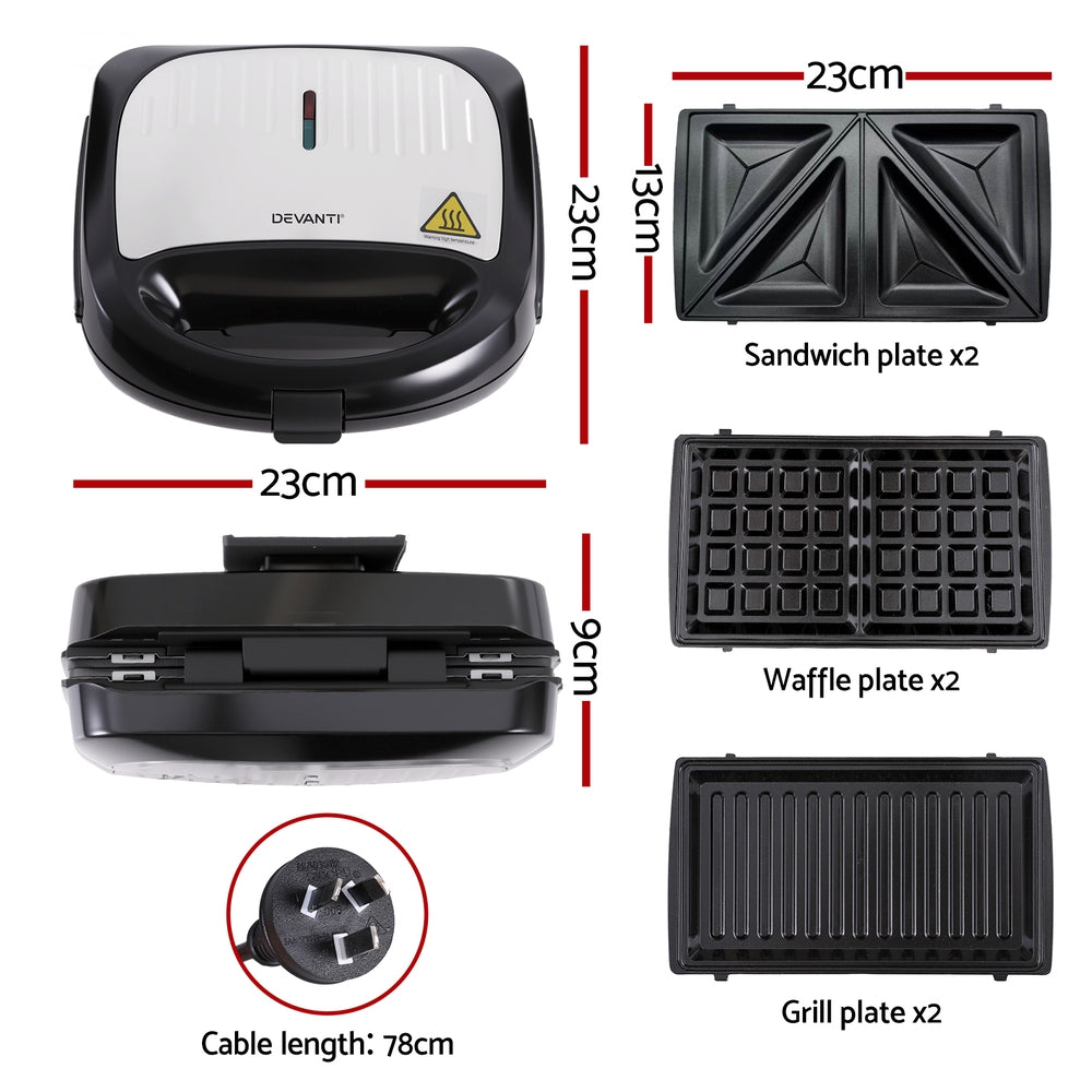 Devanti 3-in-1 Sandwich Press Waffle Maker Panini Press Grill 850W