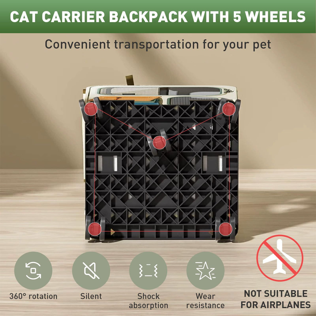 Cat Carrier with Wheels, Folding Rolling Pets Carrier on Wheel Soft Pet Handbag Cats Backpack, Dog Carriers up to 23 LBs Removable Cat Bag for Small Dogs Medium Cats Outing(Green)