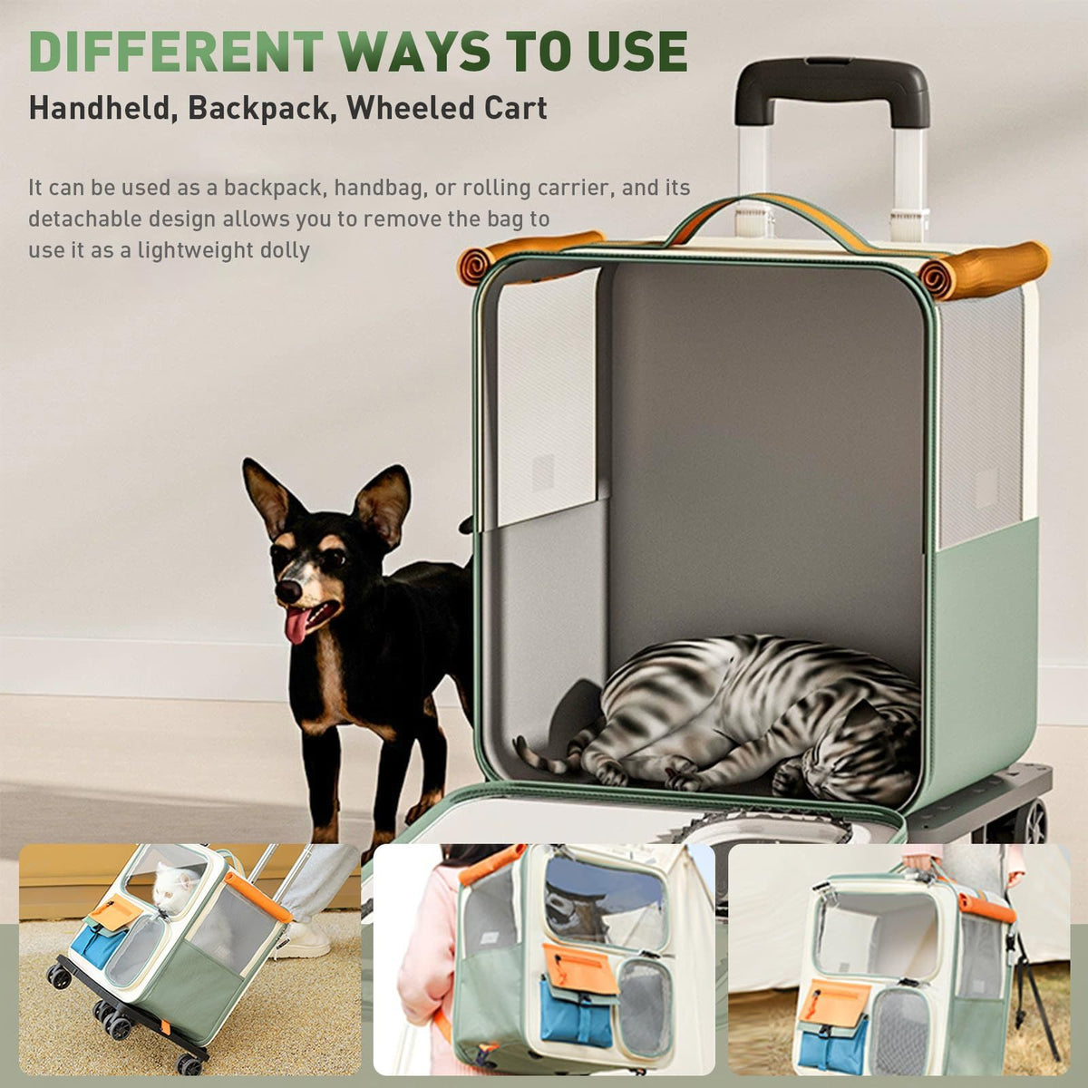 Cat Carrier with Wheels, Folding Rolling Pets Carrier on Wheel Soft Pet Handbag Cats Backpack, Dog Carriers up to 23 LBs Removable Cat Bag for Small Dogs Medium Cats Outing(Brown)