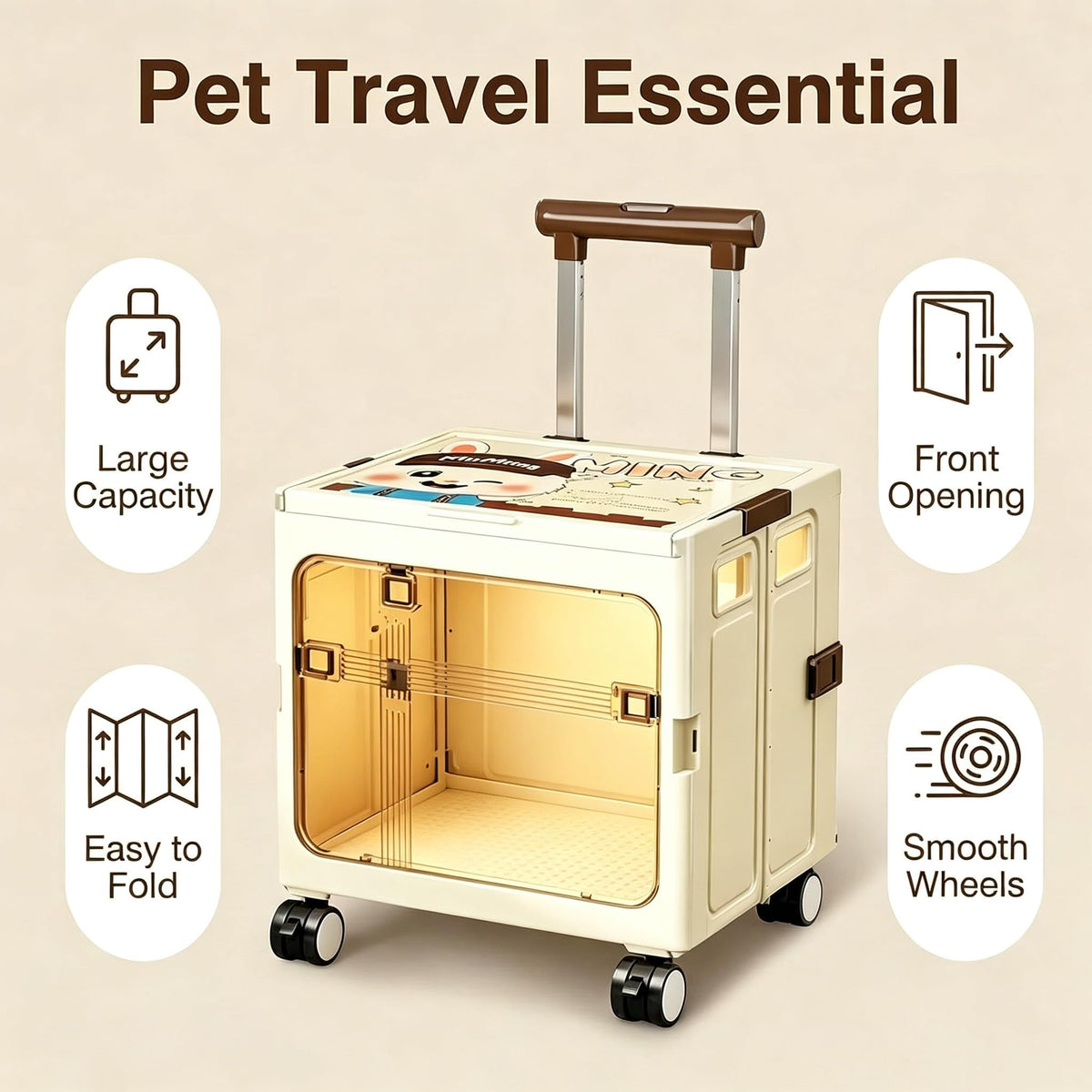 Foldable Sliding crates, Large-Capacity suitcases, Airplane Wheel Handbags, pet Boxes, Groceries and Outdoor Utility trolleys, Compact and Foldable Design, 16*14*16.5in (beige)