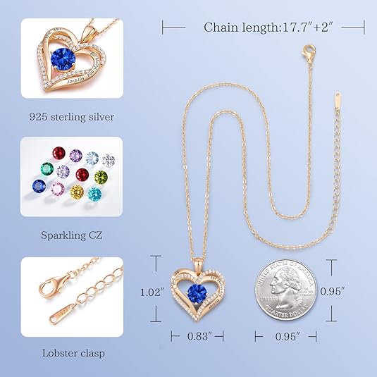 Forever Love Heart Birthstone Necklace: 925 Sterling Silver Personalized Jewelry for Mom, Wife, Friend with 12 Month Stone Options（blue diamond,December）