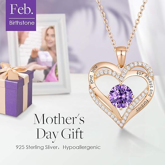 Forever Love Heart Birthstone Necklace: 925 Sterling Silver Personalized Jewelry for Mom, Wife, Friend with 12 Month Stone Options（purple diamond,February）
