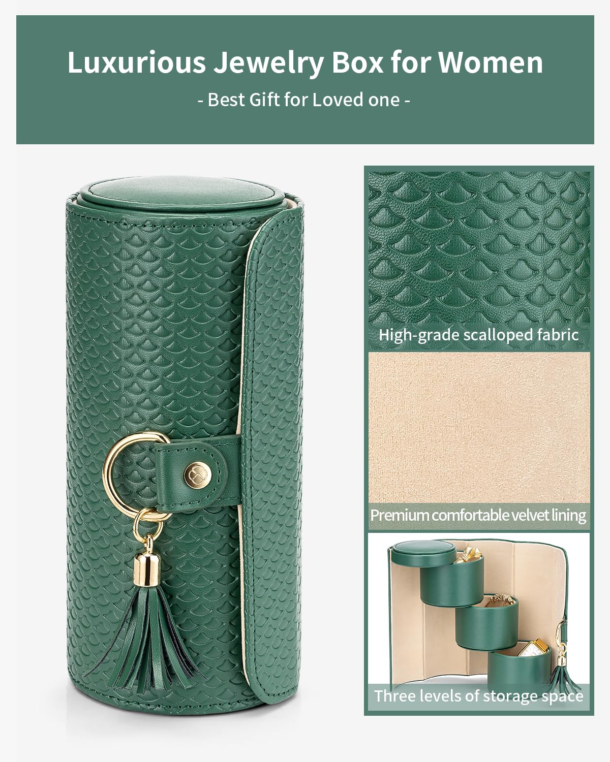 Green Travel Jewelry Case: 3-Layer PU Cylinder Organizer for Necklaces, Earrings, Gifts for Travelers & Jewelry Lovers