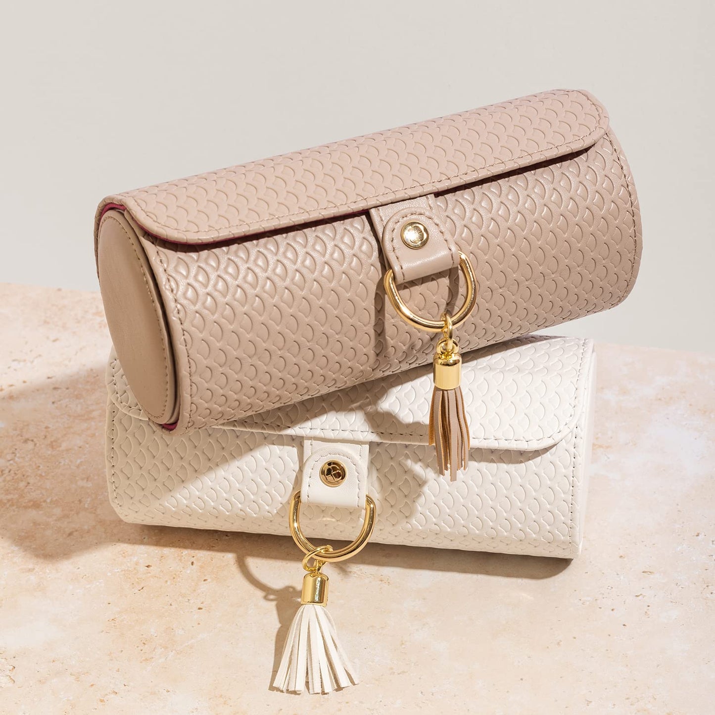 Grey Travel Jewelry Case: 3-Layer PU Cylinder Organizer for Necklaces, Earrings, Gifts for Travelers & Jewelry Lovers