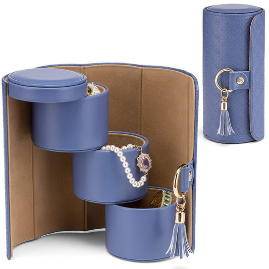 Purple Travel Jewelry Case: 3-Layer PU Cylinder Organizer for Necklaces, Earrings, Gifts for Travelers & Jewelry Lovers